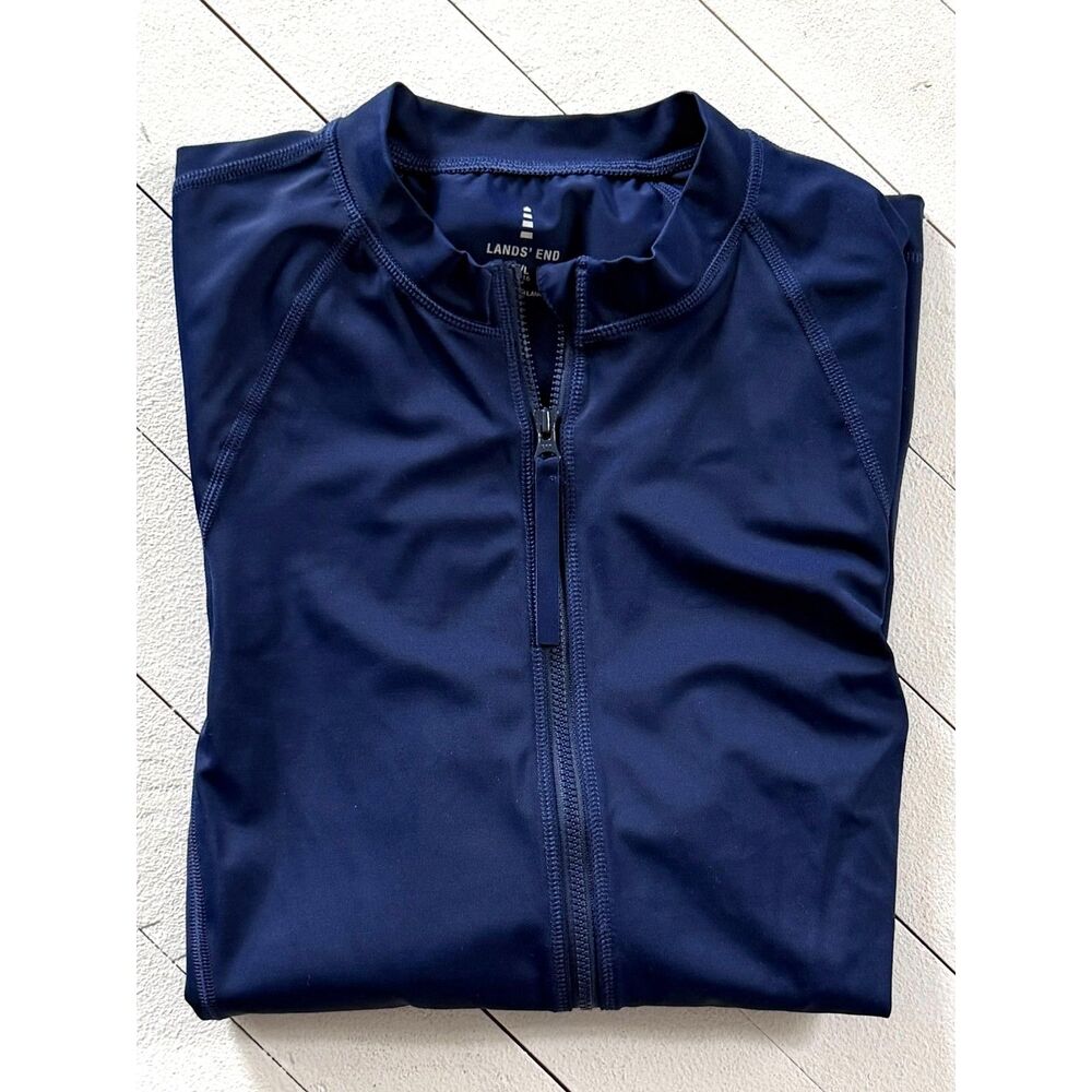 Lands End Navy Blue Full Zip Short Sleeve Rash Guard | Surf Beach Sun | Sz L - Picture 5 of 9